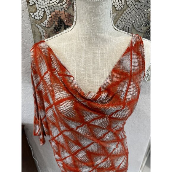 BCBG Kesi Sheer Red & White Geometric Pattern One Shoulder Dress  Size S - Picture 4 of 10